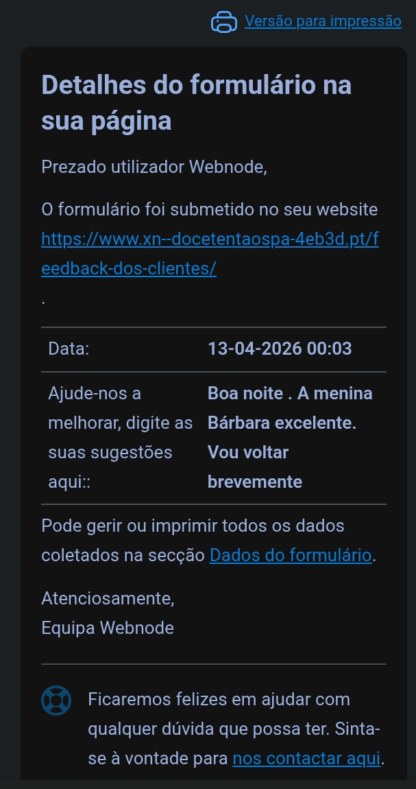 Feedback de cliente publicado pela Doce Tentação Spa, registo 1
